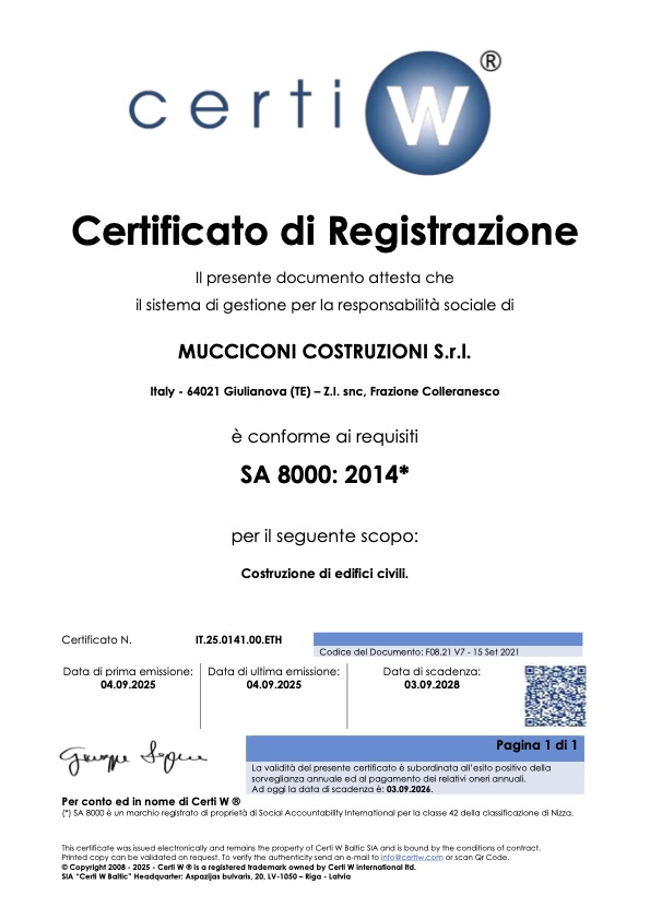 Certificazione Responsabilità Sociale SA 8000 Mucciconi Group